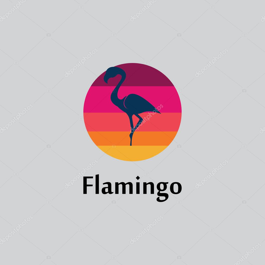 Flamingo silhouette scene at sunset logo design vector