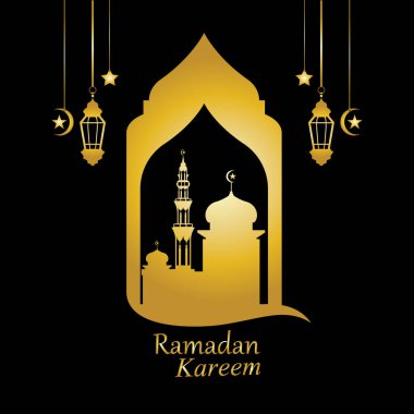 Vektör - Cami 'nin altın silueti ve siyah arka planda asılı fenerler, Ramazan Kareem, tebrik kartı