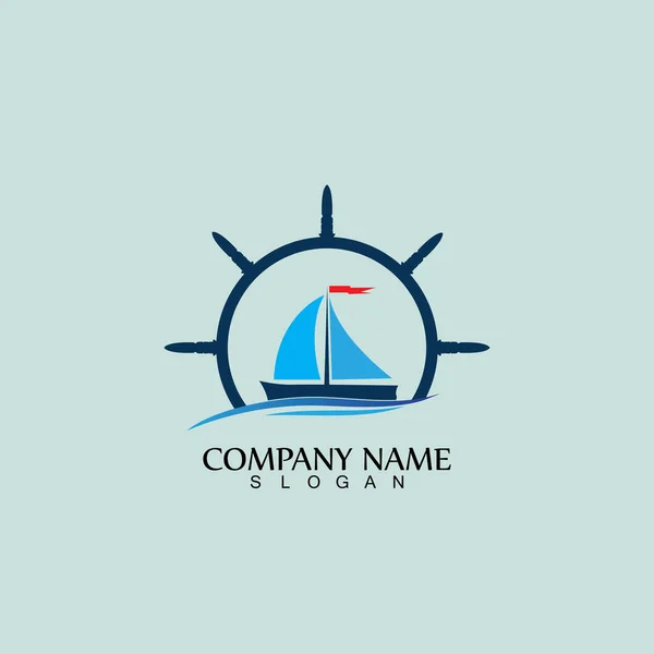 Ship Boat Helm Steering Wheel Wave Water Ocean Logo Symbol — Stock Vector
