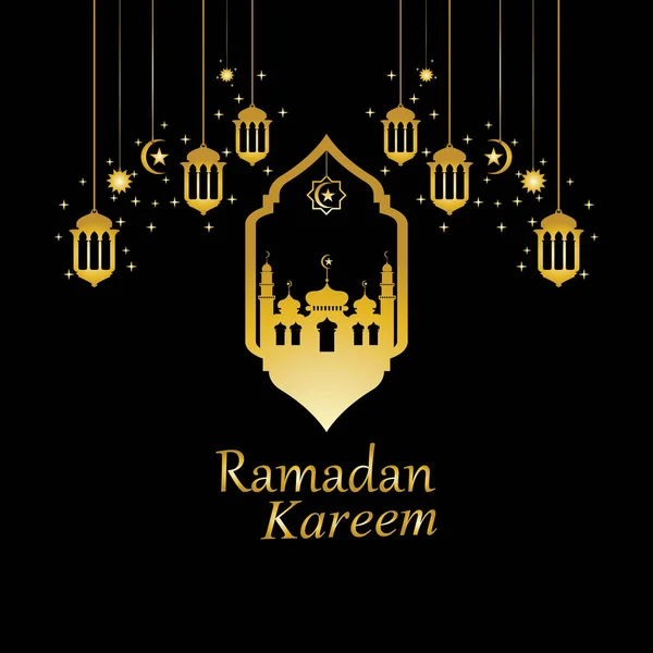 Vettoriale Silhouette Dorata Della Moschea Lanterne Appese Sfondo Nero Ramadan — Vettoriale Stock