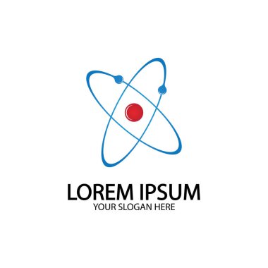 Atom simgesi. Vektör çizimi. Bilimin, eğitimin, nükleer fiziğin, bilimsel araştırmaların sembolü. Üç elektron atomik çekirdeğin yörüngesinde döner. Temel parçacık tasarımı kavramı.