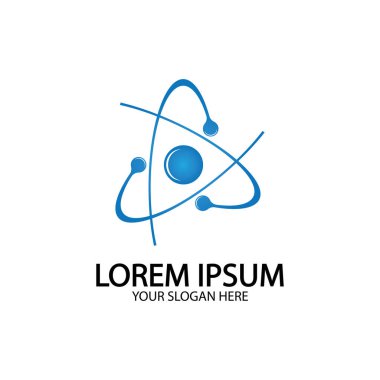 Atom simgesi. Vektör çizimi. Bilimin, eğitimin, nükleer fiziğin, bilimsel araştırmaların sembolü. Üç elektron atomik çekirdeğin yörüngesinde döner. Temel parçacık tasarımı kavramı.
