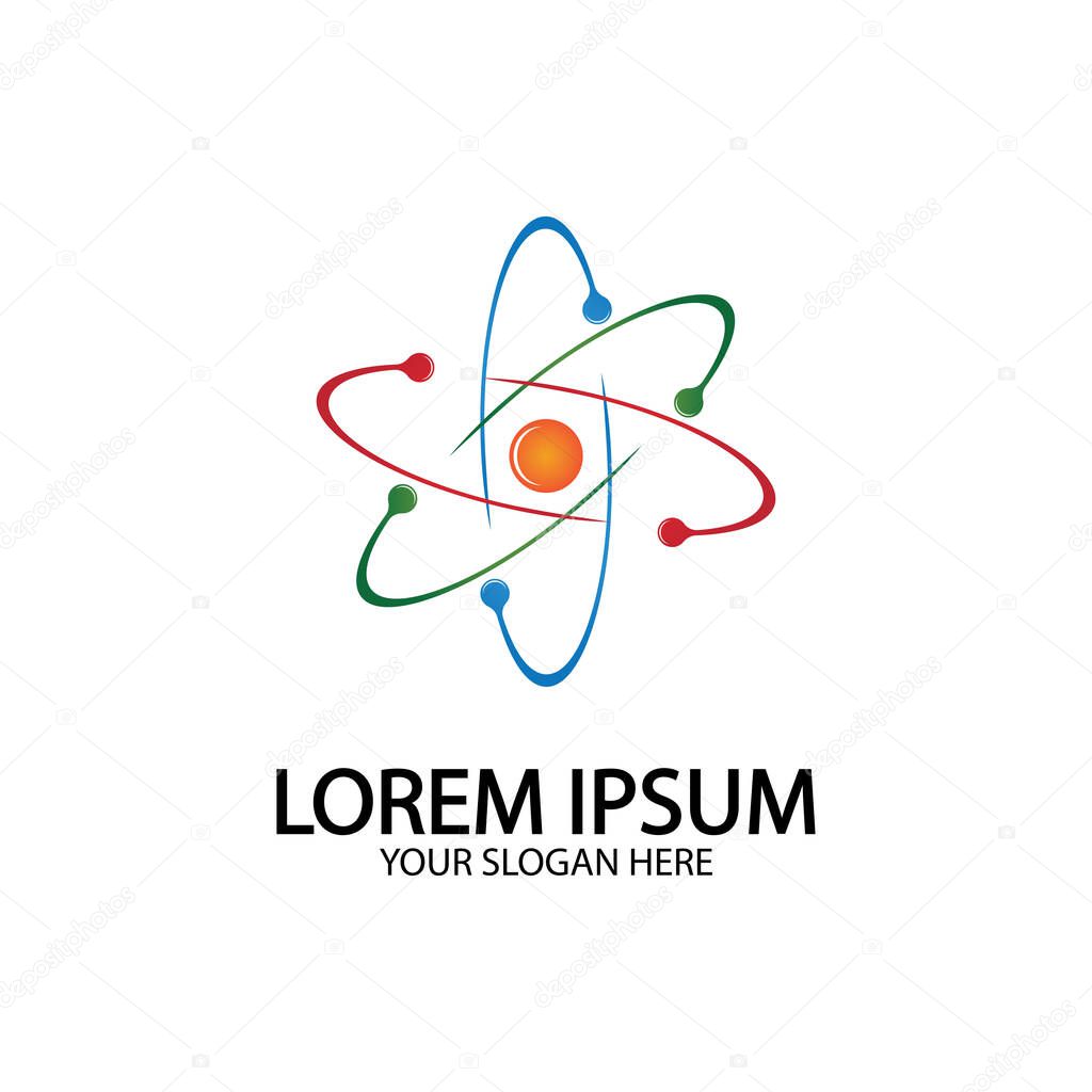 Atom icon. Vector illustration. Symbol of science, education, nuclear physics, scientific research. Three electrons rotate in orbits around atomic nucleus. Concept of elementary particles design.