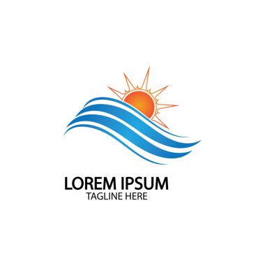 Su dalgası ve güneş ikonu vektör çizim logosu