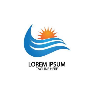 Su dalgası ve güneş ikonu vektör çizim logosu