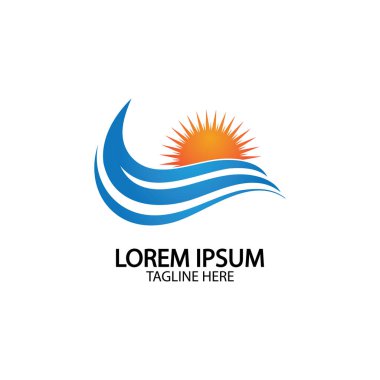 Su dalgası ve güneş ikonu vektör çizim logosu