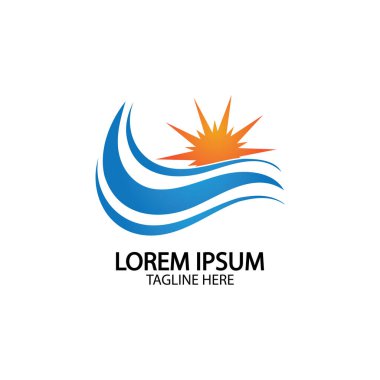 Su dalgası ve güneş ikonu vektör çizim logosu