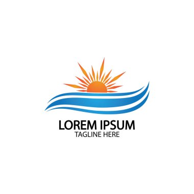 Su dalgası ve güneş ikonu vektör çizim logosu