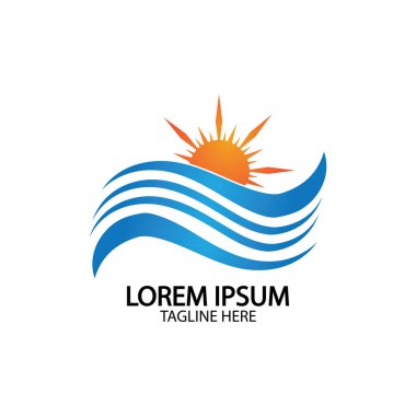 Su dalgası ve güneş ikonu vektör çizim logosu