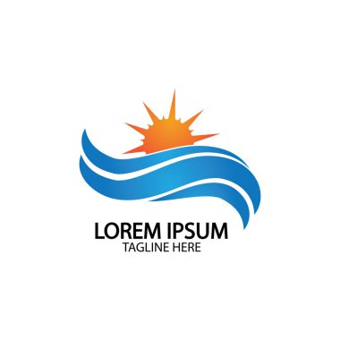 Su dalgası ve güneş ikonu vektör çizim logosu