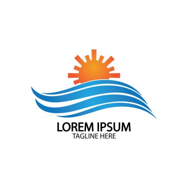 Su dalgası ve güneş ikonu vektör çizim logosu