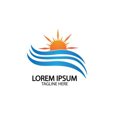 Su dalgası ve güneş ikonu vektör çizim logosu