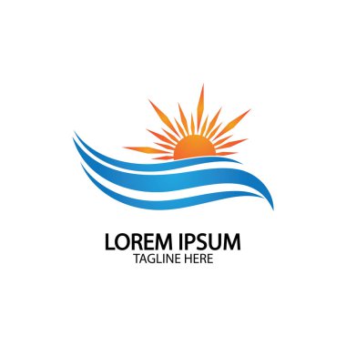 Su dalgası ve güneş ikonu vektör çizim logosu