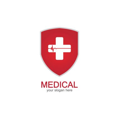 Beyaz Arkaplanda izole edilmiş tıbbi eczane ile kalkan simgesi