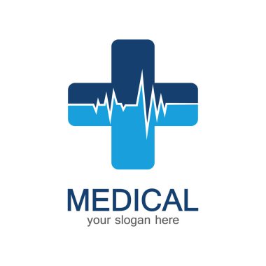 Tıbbi logoti. Eczane boyası ve haç yumuşak şekilli. Testler, kardiyo şeması ile farmasötik işaretler. Yardım ve sağlık sembolü. Çapraz şekil ögeleri ile kimlik damgalanıyor.