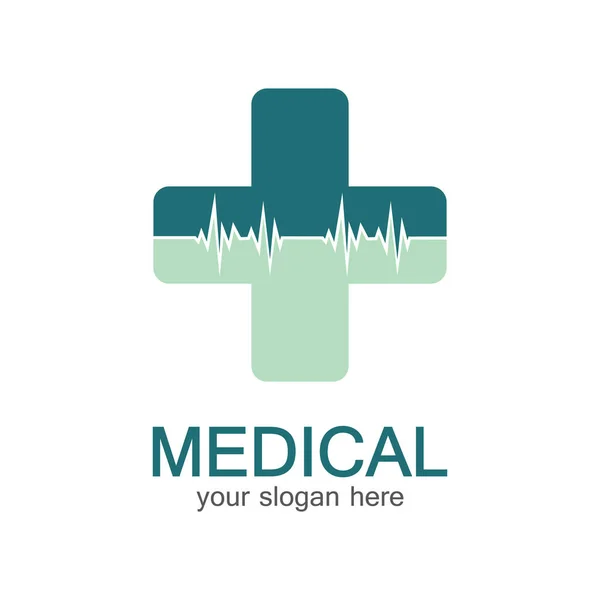 医療用ロゴタイプ 薬剤色のプラス柔らかい形状のクロス テスト 心臓スキームと医薬品のサイン ヘルプとヘルスケアのシンボル 十字形の要素を持つブランドアイデンティティ — ストックベクタ