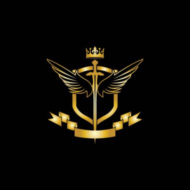Tacı, kılıçları, kanatları, kalkanı ve kurdelesi olan Heraldik Kompozisyon.