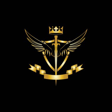 Tacı, kılıçları, kanatları, kalkanı ve kurdelesi olan Heraldik Kompozisyon.