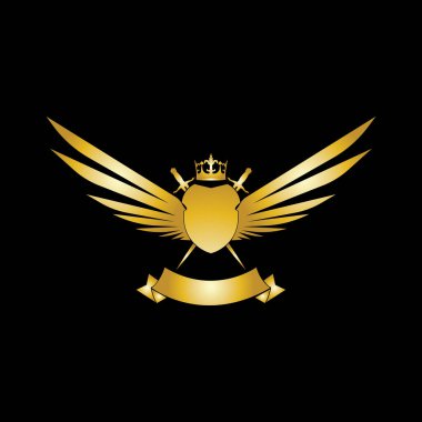 Tacı, kılıçları, kanatları, kalkanı ve kurdelesi olan Heraldik Kompozisyon.