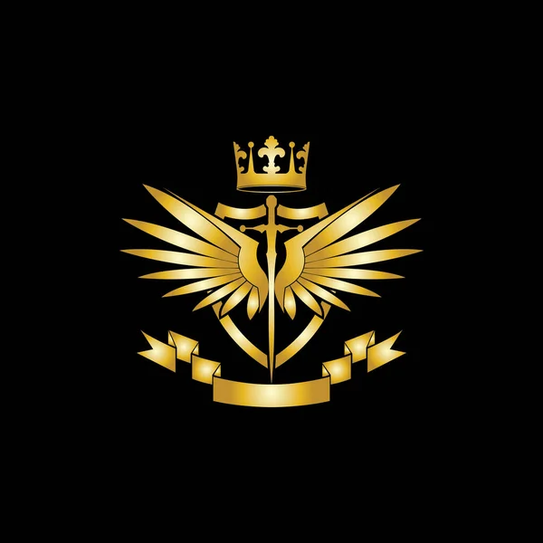 Wappenkomposition Mit Krone Schwertern Flügeln Schild Und Band — Stockvektor
