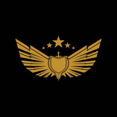 Kalkan vektör simgesi olan altın kanatlı kılıç.