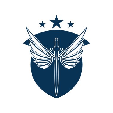 Kalkan vektör simgesi olan kanatlı kılıç.