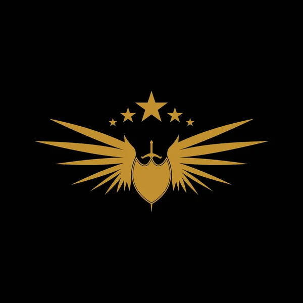 Золотой Крылатый Меч Значком Вектора Щитов — стоковый вектор