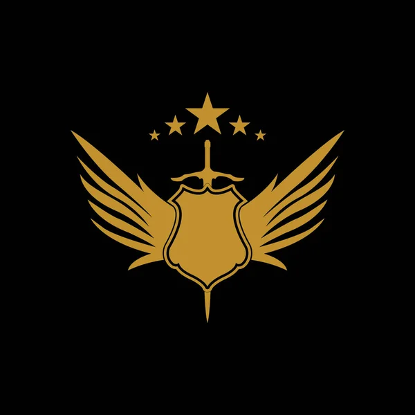Золотой Крылатый Меч Значком Вектора Щитов — стоковый вектор