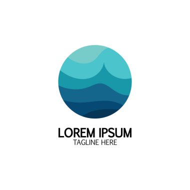 İzole edilmiş yuvarlak logo. Mavi renk logoti. Akan su görüntüsü. Deniz, okyanus, nehir yüzeyi.