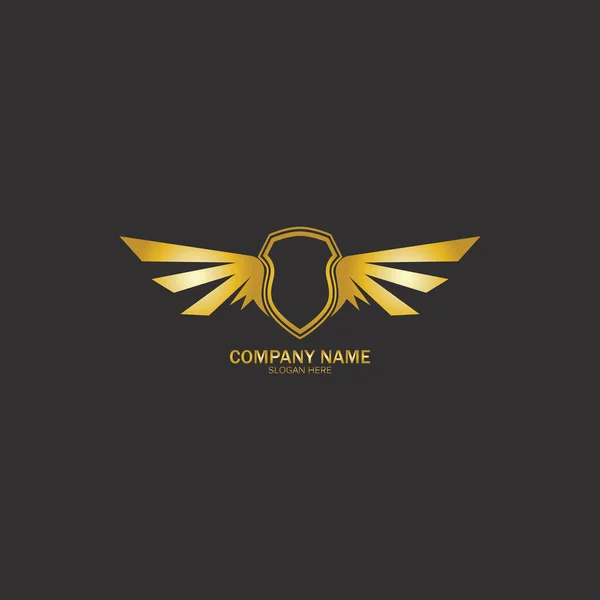 翼のある盾の金のロゴのデザインベクトルイラストベクトル — ストックベクタ