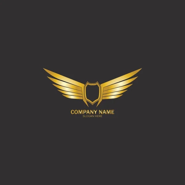 翼のある盾の金のロゴのデザインベクトルイラストベクトル — ストックベクタ