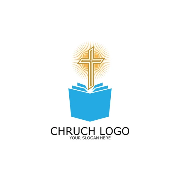 Logo Church Christian Symbol Bibeln Och Korset Jesus Kristus Vektor — Stock vektor