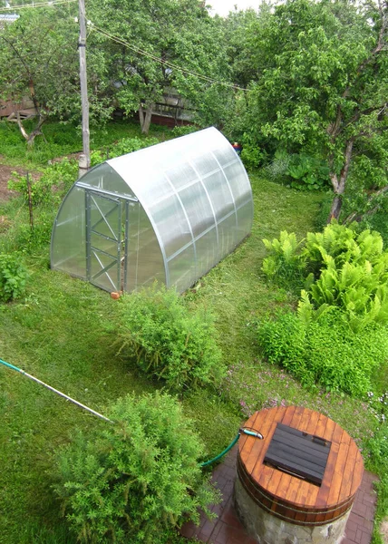 Old Garden Well Greenhouse Spring Top View — Stock Photo, Image
