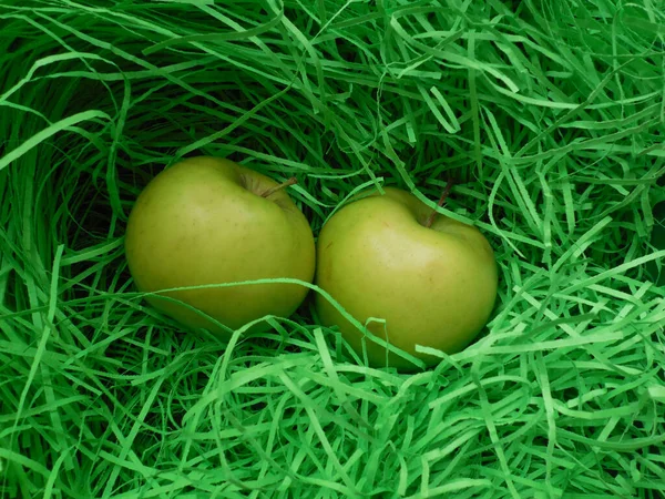 Sarımsı Yeşil Elma Gevşek Yeşil Bir Saman Tabakasında — Stok fotoğraf