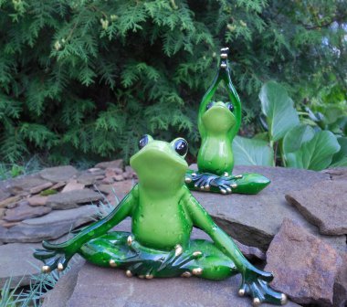 Komik oyuncak kurbağalar (popüler hatıra heykelcikler) bitkilerin arka planında kayaların üzerinde oturur ve yoga yaparlar..
