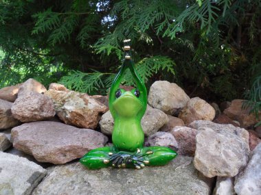 Oyuncak komik kurbağa (hatıra biblosu) kayalarda oturur ve bitkilerin arka planında yoga yapar..