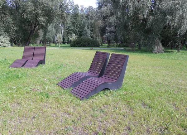 Curved large ergonomic chairs made of metal and wooden slats, against the background of a city park.