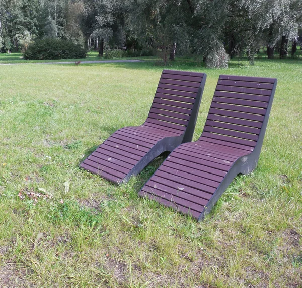 在城市公园的背景下 用金属和木制板条制成的弯曲的大型人体工学椅子 — 图库照片