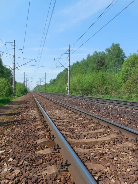 Metalen Rails Grind Geplette Steen Voor Het Passeren Van Lange — Stockfoto