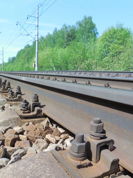 Metalen Rails Grind Geplette Steen Voor Het Passeren Van Lange — Stockfoto