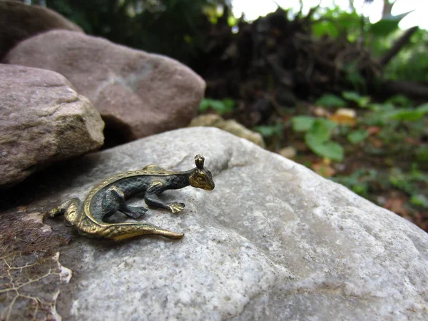Small Elegant Metal Lizard Garden Decor Slide Made Different Stones — Zdjęcie stockowe