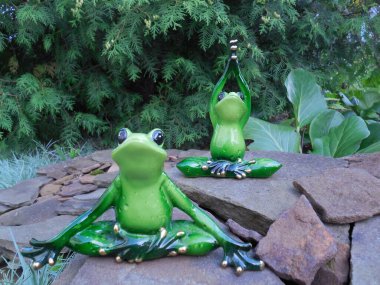 Komik kurbağalar (sevimli yeşil figürler, hatıra oyuncakları) bahçede güzel taşlar üzerinde ve yoga yaparlar..
