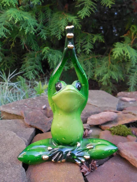 Legrační Roztomilá Žába Figurka Hračka Sedí Zahradě Skluzavce Dělá Jógu — Stock fotografie
