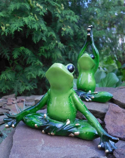 Vtipné Žáby Roztomilé Zelené Figurky Suvenýr Hračka Zahradě Krásných Kamenech — Stock fotografie