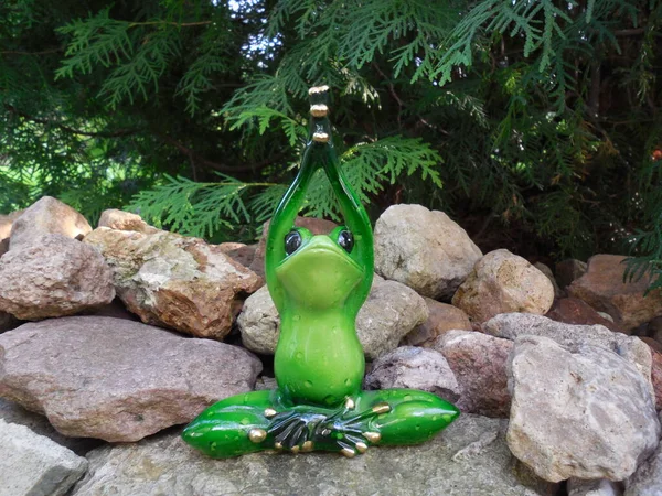 Une Drôle Grenouille Mignonne Figurine Jouet Est Assise Dans Jardin Photos De Stock Libres De Droits