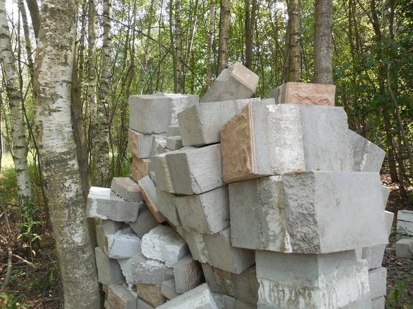 İnşaat alanının yakınındaki ormanda, düşük kalite ve hasarlı beton bloklar, sahte bir kaplama ve köpük yalıtımı ile.