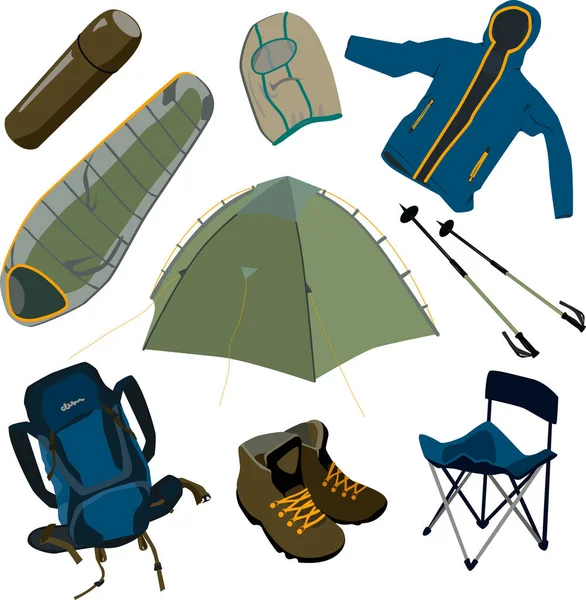 Vectorobject Set Van Outdoor Uitrusting Camping Wandelartikelen Slaapzak Tent Rugzak — Stockvector