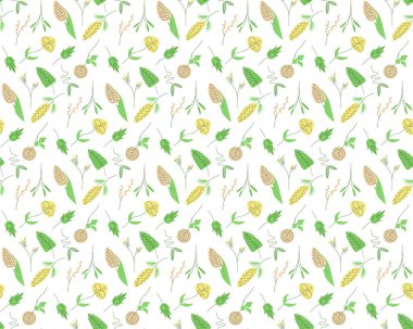 Tasarım için çiçekli kusursuz desen. Küçük, basit, renkli, renkli çiçekler. Beyaz arka plan. Modern çiçek dekoru. Moda baskıları, kapaklar, tekstil için zarif bir şablon. Vektör illüstrasyonu.