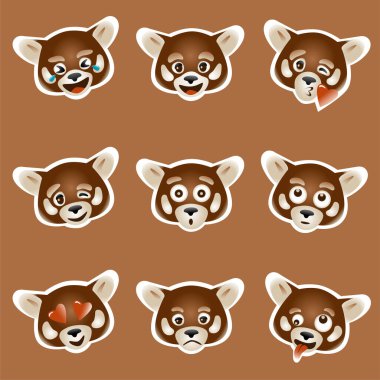 Kırmızı panda suratlı 9 vektör emojisi seti, renkli.