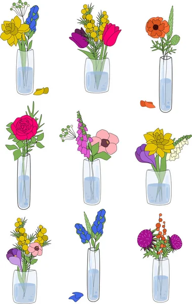 Gran Conjunto Ramos Flores Dibujadas Mano Jarrón Para Diseño Decoración — Vector de stock